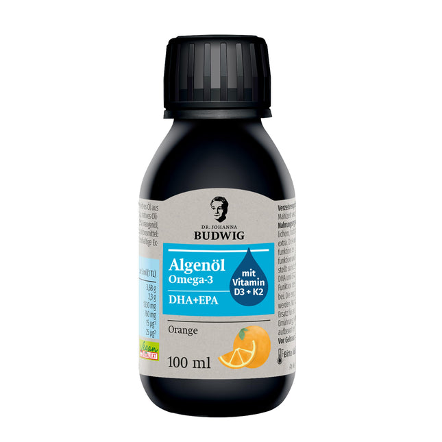 Dr. Johanna Budwig Omega 3 Algae Oil Vegan Orange (100ml) - high dosage, rich in DHA, EPA, vitamin D3 and K2 - liquid algae oil vegan, oil liquid algae oil laboratory-tested