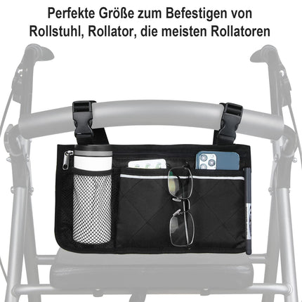 Wheelchair storage bag armrest pocket with cup holder and reflective strip, for most wheelchairs, walking frames or rollators (black)