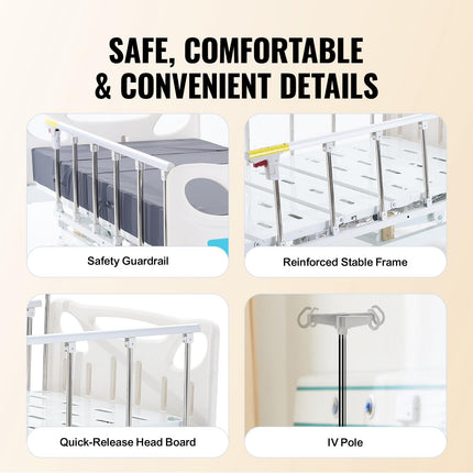 VEVOR Premium 3-Function All-Electric Hospital Bed, Electric Medical ICU Bed with Mattress and IV Pole, Hand Control and 5-Inch Locking Casters for Use