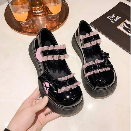 Women Lolita Shoes Heel Mary Jane Lace Pumps with Bow Kawaii Cute Cosplay Wedge Boots Cross Strap Block Heel Sweet Style