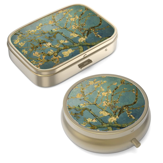 Pill Box Pill Box with Mirror Retro Small Pill Box for Purse or Pocket Bronze Pill Box or Vitamins, Fish Oil, Supplements, Pills Contain Travel Gifts (2 PCS)