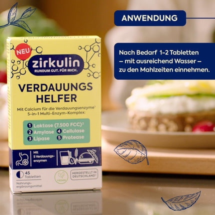 Zirkulin Digestive Aid 1x 45 Tablets – 5 in 1 Multi-Enzyme Complex with 7,500 FCC Lactase – Supports Digestion &amp; Carefree Enjoyment – ​​Dietary Supplement with Lactase, Cellulase &amp; Calcium