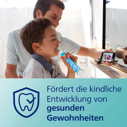 Philips Sonicare For Kids, electric sonic toothbrush with app, for children 3 years and older, with SmarTimer and QuadPacer for thorough cleaning, turquoise, model HX6322/04