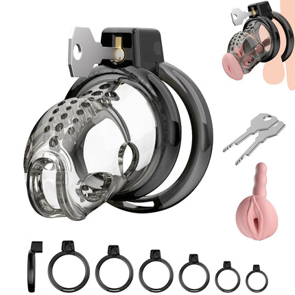 Chastity Cage for Men Made of Resin &amp; Premium Silicone with 6 Penis Rings - Ultralight &amp; Invisible for SM Fetish, Sex Toy Bondage, and Abstinence | Cock Cage (M)