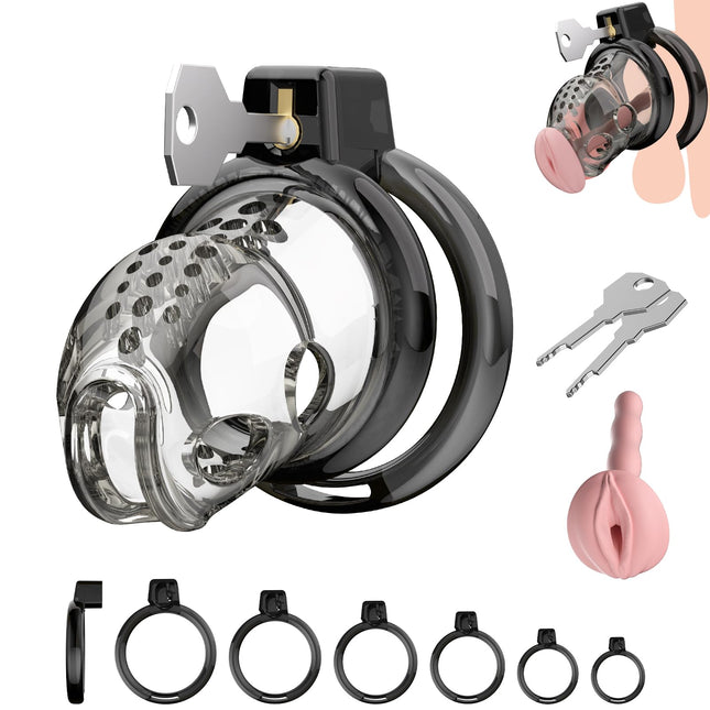 Chastity Cage for Men Made of Resin &amp; Premium Silicone with 6 Penis Rings - Ultralight &amp; Invisible for SM Fetish, Sex Toy Bondage, and Abstinence | Cock Cage (M)