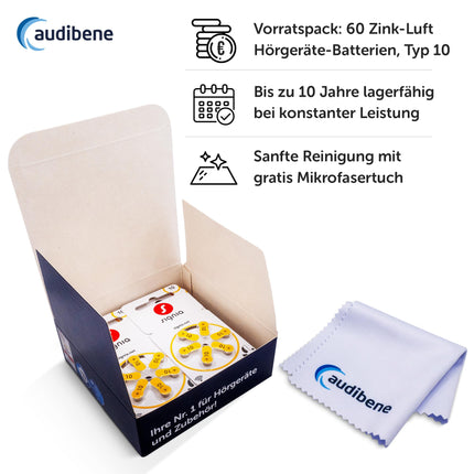 Siemens-Signia hearing aid batteries type 10 yellow, batteries for hearing aids, 60-pack, Made in Germany, including FREE cleaning cloth, Wireless Approved, mercury-free