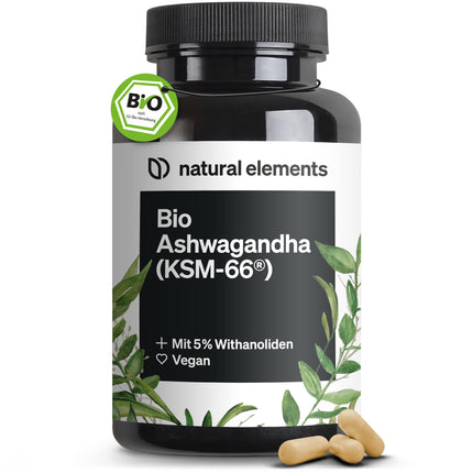 Organic Ashwagandha – KSM-66® premium raw material (180 capsules with above-average range) – 5% withanolide content – ​​laboratory-tested, vegan, and high-dose