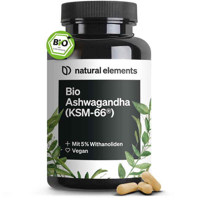 Organic Ashwagandha – KSM-66® premium raw material (180 capsules with above-average range) – 5% withanolide content – ​​laboratory-tested, vegan, and high-dose