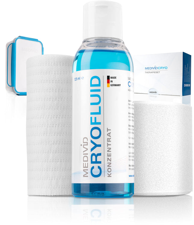 MEDIVID CRYO Therapy Set - Cooling bandages for knee, Achilles tendon, elbow, ankle, calf, wrist - Effectively cool pain, inflammation, and swelling - Long-lasting + comfortable - with test bandage