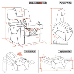 M MCombo TV chair with electric stand-up aid, 2 motors, backrest and legrest separately adjustable, one button to reset, massage chair with heat function 7565 (microfiber, dark gray)