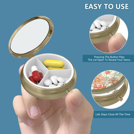 Pill Box Pill Box with Mirror Retro Small Pill Box for Purse or Pocket Bronze Pill Box or Vitamins, Fish Oil, Supplements, Pills Contain Travel Gifts (2 PCS)