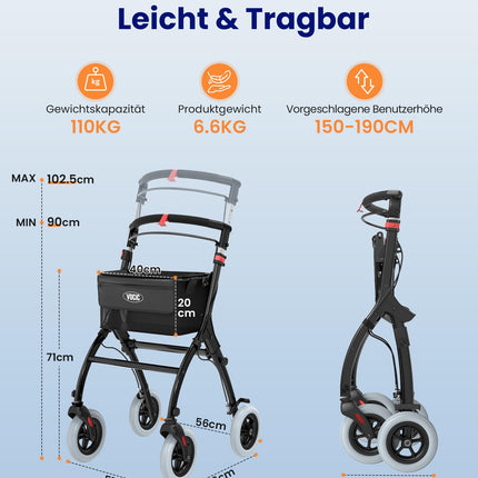 VOCIC Z32 Rollator Narrow for Home, Indoor Rollator Foldable and Lightweight, Stable Home Rollator with Quiet Anti-Slip Tires, Rollators for Seniors with Foldable Tray, Black | 5 Year Warranty
