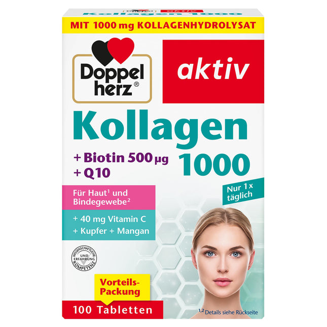 Doppelherz Collagen 1000 + Biotin + Q10 - Manganese and copper contribute to normal connective tissue formation - 100 tablets
