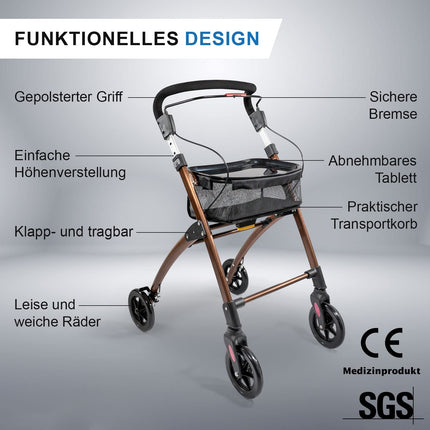 Casa Soft Braun narrow rollator for home &amp; indoor use, foldable &amp; lightweight, 5 kg | height-adjustable indoor rollator from Lösch Reha | reliable walking aid for seniors