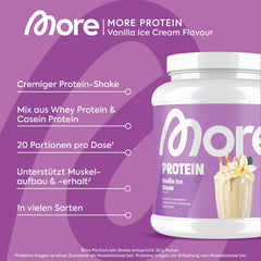 MORE Protein, vanilla ice cream, 600 g, mix of whey concentrate and casein, ideal for building and maintaining muscle, with lactase - made in Germany