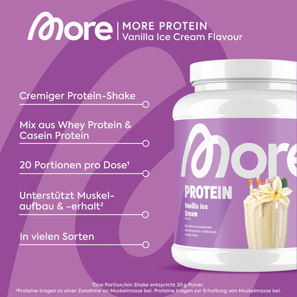 MORE Protein, vanilla ice cream, 600 g, mix of whey concentrate and casein, ideal for building and maintaining muscle, with lactase - made in Germany
