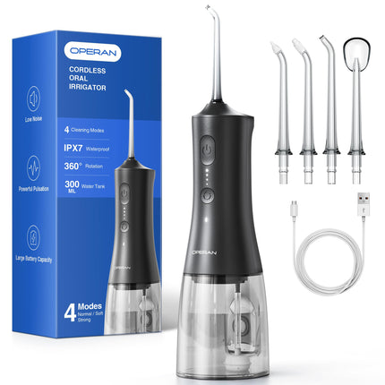 Operan Cordless Oral Irrigator, Portable Electric Dental Irrigator with 4 Modes and 4 Nozzles, 300ml Oral Irrigator, Test Winner for Removing Food Residue and Cleaning Teeth (Black, 1 Pack)