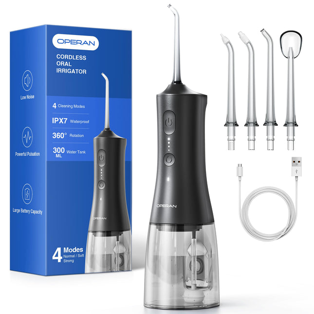 Operan Cordless Oral Irrigator, Portable Electric Dental Irrigator with 4 Modes and 4 Nozzles, 300ml Oral Irrigator, Test Winner for Removing Food Residue and Cleaning Teeth (Black, 1 Pack)