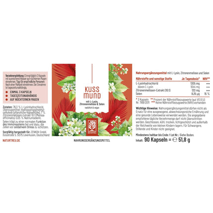 L-Lysine 1000 mg high-dose - L-Lysine complex with lemon balm and selenium - High-dose L-Lysine capsules - Naturtreu Kussmund vegan &amp; laboratory-tested