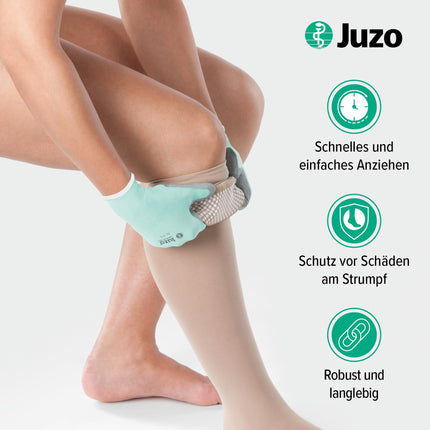 Juzo special gloves for compression stockings, donning aid, with non-slip coating, mint green-grey, size M/7