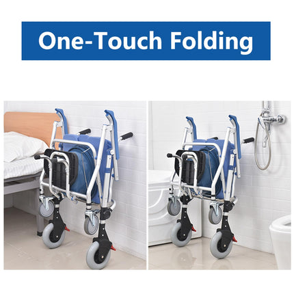 Commode Chair with Wheels for Seniors, Multifunctional Shower Chair, Folding Commode Chair with Urine Bucket, Commode Chairs for Elderly and Disabled, Load Capacity 120 kg