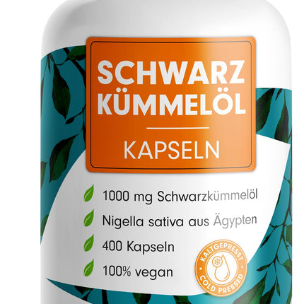 Black Seed Oil Capsules 400x VEGAN, 1000mg Egyptian Black Seed Oil per day, IMPORTANT: Vegan capsule shell WITHOUT gelatin!, natural vitamin E, laboratory tested &amp; certified, 200-day supply