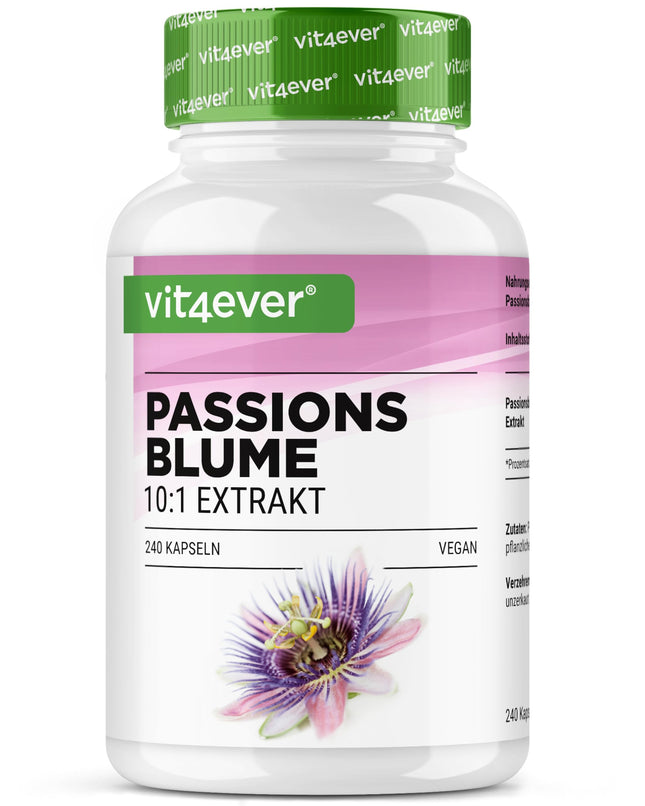 Passionflower Extract - 240 Capsules - Premium: 1100 mg extract 10:1 (equivalent to 11000 mg passionflower) per daily serving - Extra high dosage - No unwanted additives - Vegan - Laboratory tested