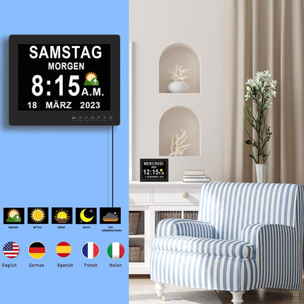 Véfaîî 2025 New, 19 Alarms Electronic Day Date Calendar Clock, Non-Abbreviated Day Date Large Clock for Seniors with Dementia Alzheimer's - with Remote Control - 8 Inch with Remote Control