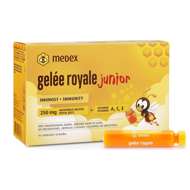 Medex Royal Jelly JUNIOR, fresh royal jelly 250 mg, with natural vitamins A, C, and E, excellent taste, no sweeteners, for children 3+, liquid in ampoules 10 x 9 ml