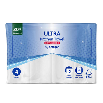 by Amazon ULTRA Kitchen Roll, Extra Absorbent, 4 Rolls (4 Rolls, 1 Pack), 45 Sheets per Roll, Wring and Reuse, FSC Certified