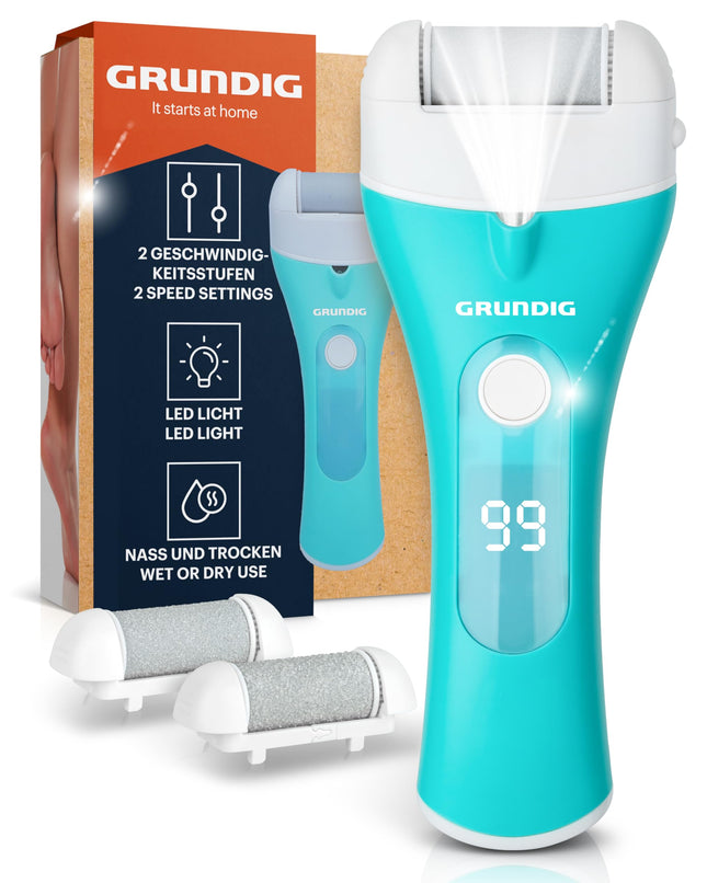 Grundig Electric Callus Remover Pro - quickly remove calluses without bending over - Premium cordless callus remover wet + dry with work light, 3 foot rollers, rechargeable (callus remover)