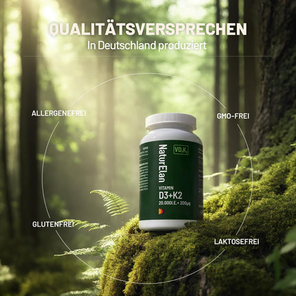 Vitamin D3 K2 capsules high-dose - 20,000 IU + Vitamin K2 MK7 200 mcg per dose, 180 vegetarian capsules, no additives, produced in Germany