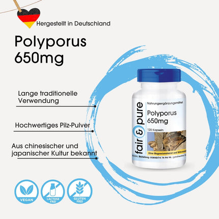 Fair &amp; Pure® - Polyporus 650mg - 120 Capsules - Polyporus umbellatus - vegan - without magnesium stearate