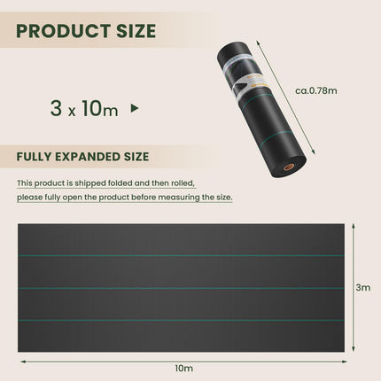 OUNUO 3mx10m Weed Control Fabric Garden Fleece 90g/m², Weed Fabric Against Weeds Tear-Resistant Ribbon Fabric, Roll Weed Film Water-Permeable and High UV Stabilization