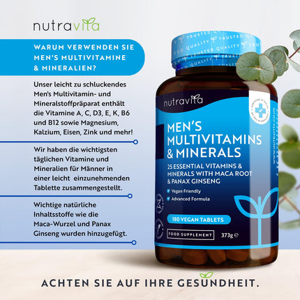 Multivitamins &amp; Minerals for Men - 25 Essential Active Vitamins &amp; Minerals with Maca Root &amp; Panax Ginseng - 180 Vegan Multivitamin Tablets - High Dosage - Nutravita