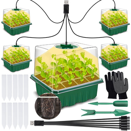 ZQEJEFD Mini Greenhouse Propagation, 5 Pack Indoor Greenhouse Propagation Box with Light, Greenhouse Propagation Tray with High Lid, Full Spectrum Grow Lights, 10 Labels, 2 Tools, 1 Pair of Gloves