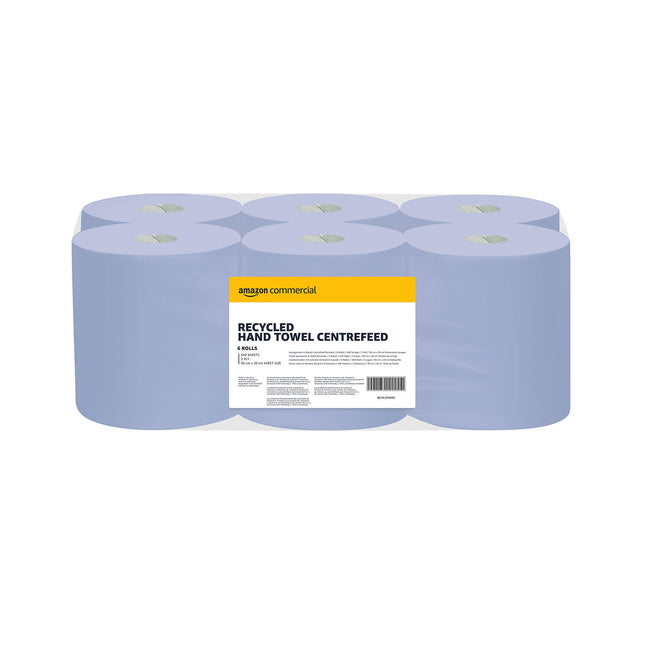 Amazon Commercial Paper Wipes, 2-ply, Centerfeed Roll, Recycled, 6 Rolls (1 pack), 450 Sheets per Roll, Sheet Size: 30 x 20 cm