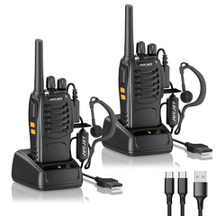 JUCJET 88E Walkie Talkie, License-Free PMR446 16-Channel Two-Way Radio, Handheld Radio with Built-in LED Flashlight, 2-in-1 Type-C Charging Cable with USB Charging Station and Headset (Black, 2 Pack)