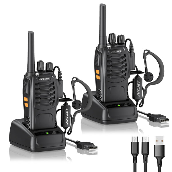 JUCJET 88E Walkie Talkie, License-Free PMR446 16-Channel Two-Way Radio, Handheld Radio with Built-in LED Flashlight, 2-in-1 Type-C Charging Cable with USB Charging Station and Headset (Black, 2 Pack)
