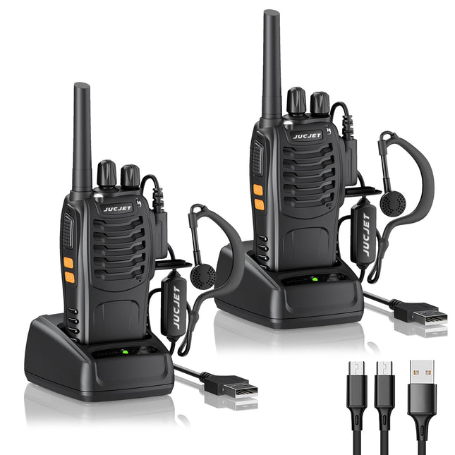JUCJET 88E Walkie Talkie, License-Free PMR446 16-Channel Two-Way Radio, Handheld Radio with Built-in LED Flashlight, 2-in-1 Type-C Charging Cable with USB Charging Station and Headset (Black, 2 Pack)