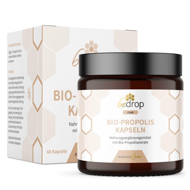bedrop Organic Propolis Capsules 800mg per capsule, high dosage - 60 Propolis extract capsules from organic beekeeping - Rich in polyphenols &amp; flavonoids - In sustainable glass packaging