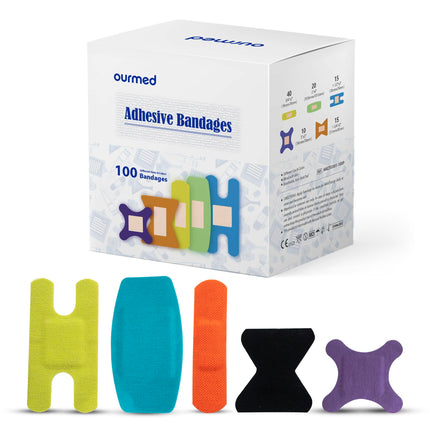 Ourmed Universal Plaster Wound Plasters - Flexible fabric bandages and non-stick bandages, latex-free, for cuts, scrapes, blisters, various sizes, bright colors, 100 strips