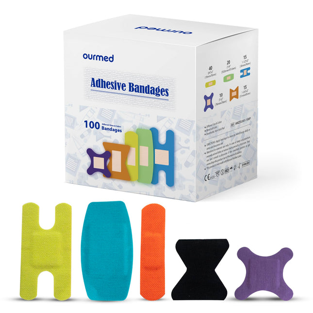 Ourmed Universal Plaster Wound Plasters - Flexible fabric bandages and non-stick bandages, latex-free, for cuts, scrapes, blisters, various sizes, bright colors, 100 strips