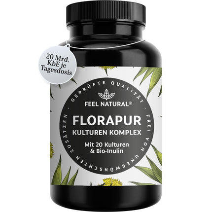 Florapur Culture Complex - 180 gastro-resistant capsules - 3-month supply - 20 bacterial cultures &amp; organic inulin - 20 billion CFU per daily dose - Lactic acid bacteria, bifidobacteria - vegan