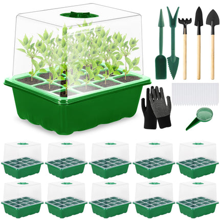 TEGOVE Indoor Greenhouse Propagator, 10 Pieces 120 Cells Mini Greenhouse Propagation Set, Thicken Reusable Propagation Set, Seedling Starter Trays with Lid Ventilation for Seedling Plant