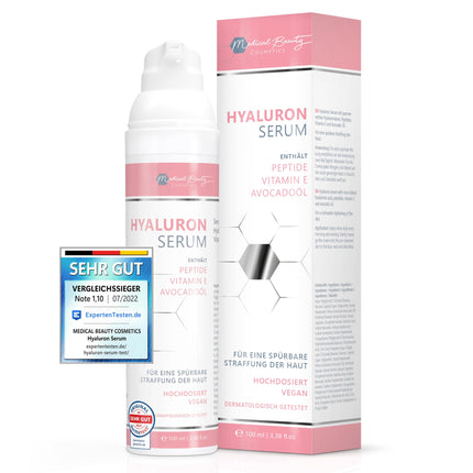 Hyaluronic Serum high-dose 100ml - with anti-aging booster avocado oil, peptides and vitamin E - vegan anti-wrinkle face cream for eyes, neck and décolleté with cross-linked hyaluronic acid