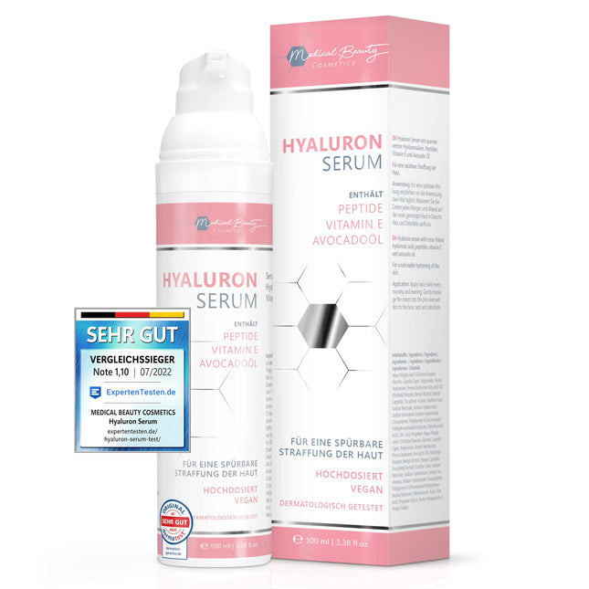 Hyaluronic Serum high-dose 100ml - with anti-aging booster avocado oil, peptides and vitamin E - vegan anti-wrinkle face cream for eyes, neck and décolleté with cross-linked hyaluronic acid