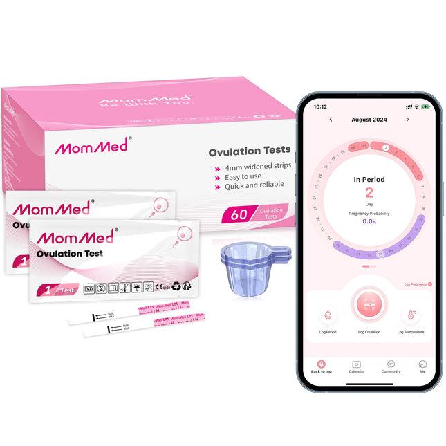 MOMMED Ovulation Test Strips, 60 practical ovulation test sticks with 60 urine cups - Fast fertility test for women - Ovulation test strips 25 mIU/ml