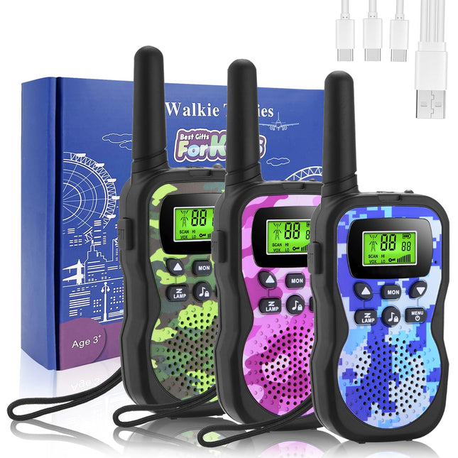 Walkie Talkie Kids Rechargeable, Walkie Talkies for 3-12 Year Old Children with 8 Channels, LED Flashlight, VOX Function for Camping, Hiking, Adventure, Set of 3