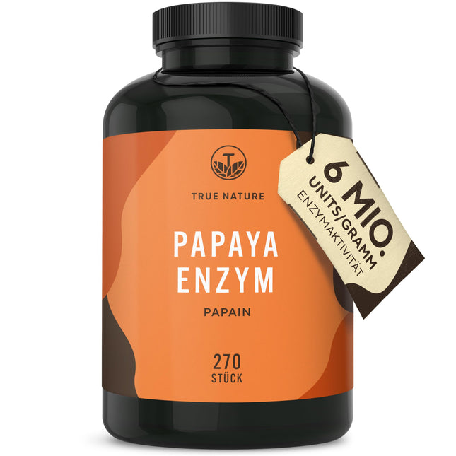 Papaya Enzyme Capsules - 270 Capsules - HIGH DOSE: 2100mg pure papain - 6 million units/g papain enzyme activity - Vegan, German production - TRUE NATURE®